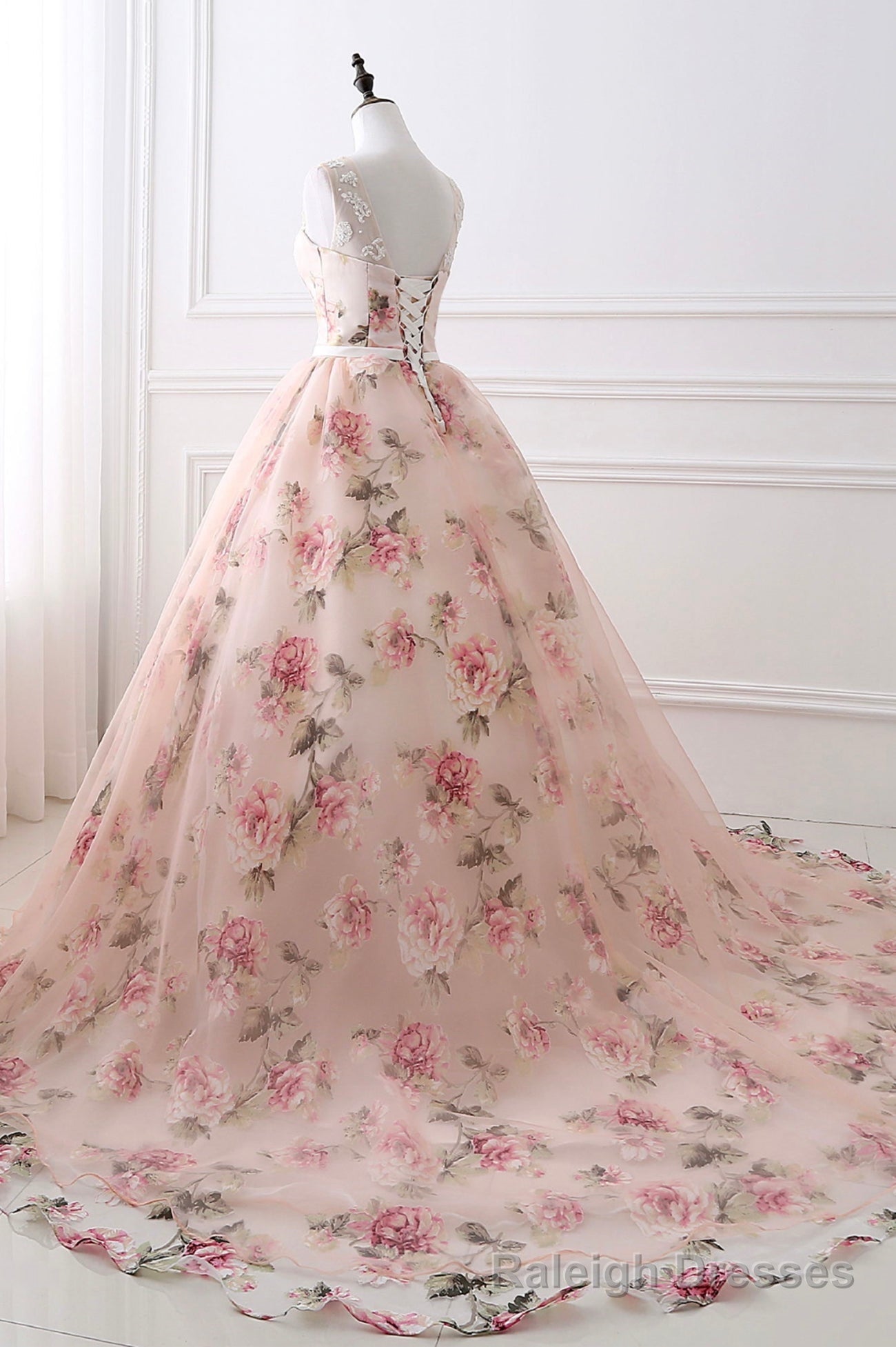 Cute Floral Long Prom Dress with Lace, A Line Scoop Neckline Prom Dress Main image