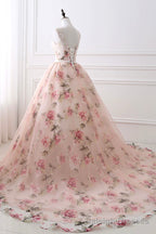 Cute Floral Long Prom Dress with Lace, A Line Scoop Neckline Prom Dress