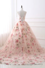 Cute Floral Long Prom Dress with Lace, A Line Scoop Neckline Prom Dress