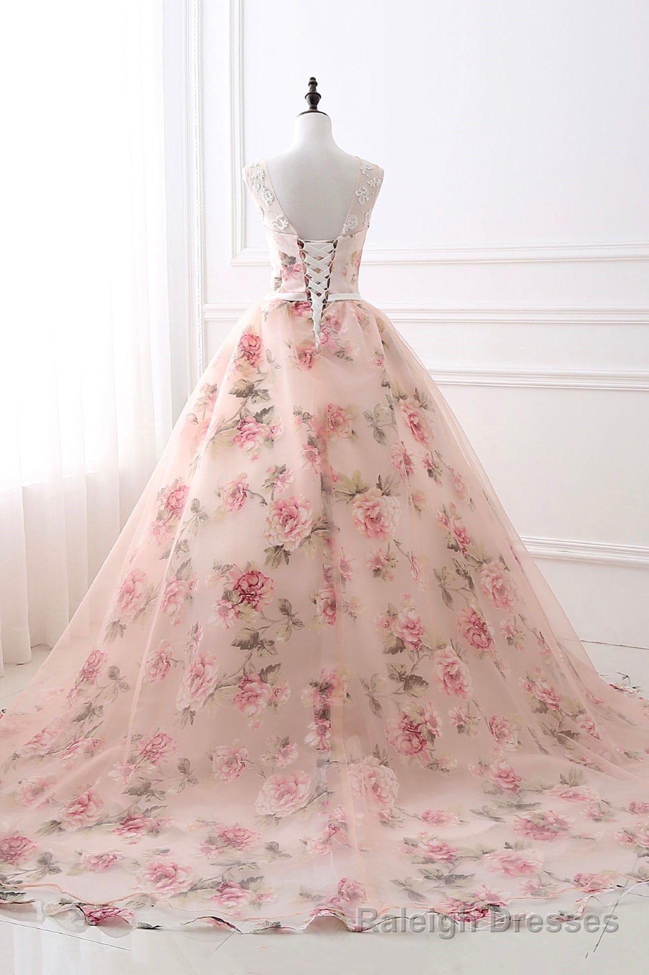Cute Floral Long Prom Dress with Lace, A Line Scoop Neckline Prom Dress