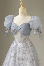 Cute Floral Printed Long Prom Dress  A Line Puff Sleeves Blue Party Gown