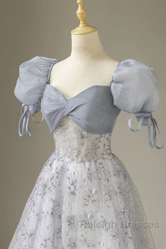 Cute Floral Printed Long Prom Dress  A Line Puff Sleeves Blue Party Gown