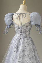 Cute Floral Printed Long Prom Dress  A Line Puff Sleeves Blue Party Gown