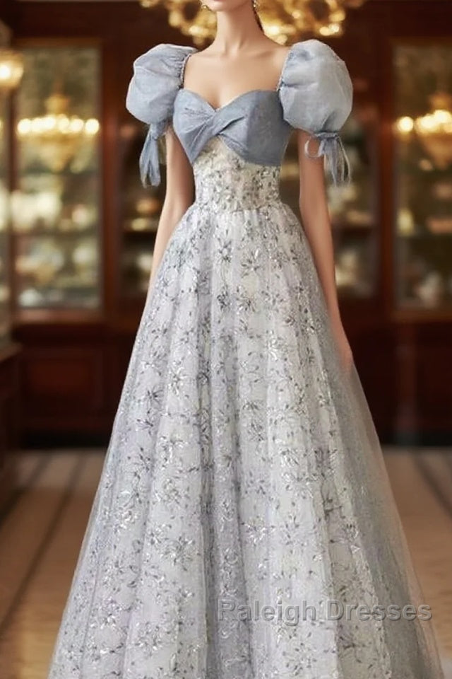 Cute Floral Printed Long Prom Dress  A Line Puff Sleeves Blue Party Gown Main image