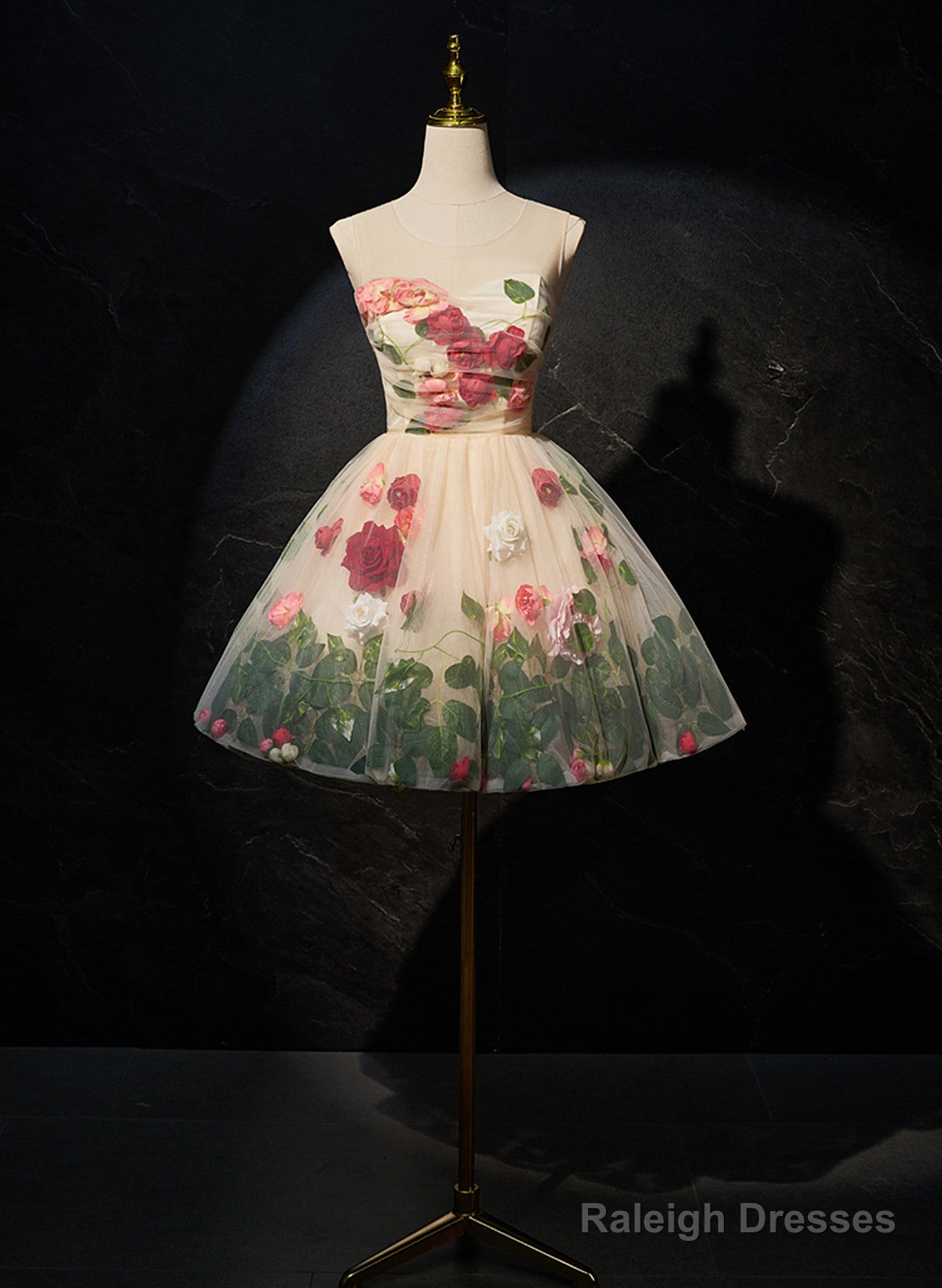 Cute Flowers Round Neckline Light Champagne Party Dress, Short Cute Prom Dress