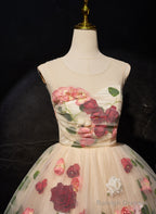 Cute Flowers Round Neckline Light Champagne Party Dress, Short Cute Prom Dress