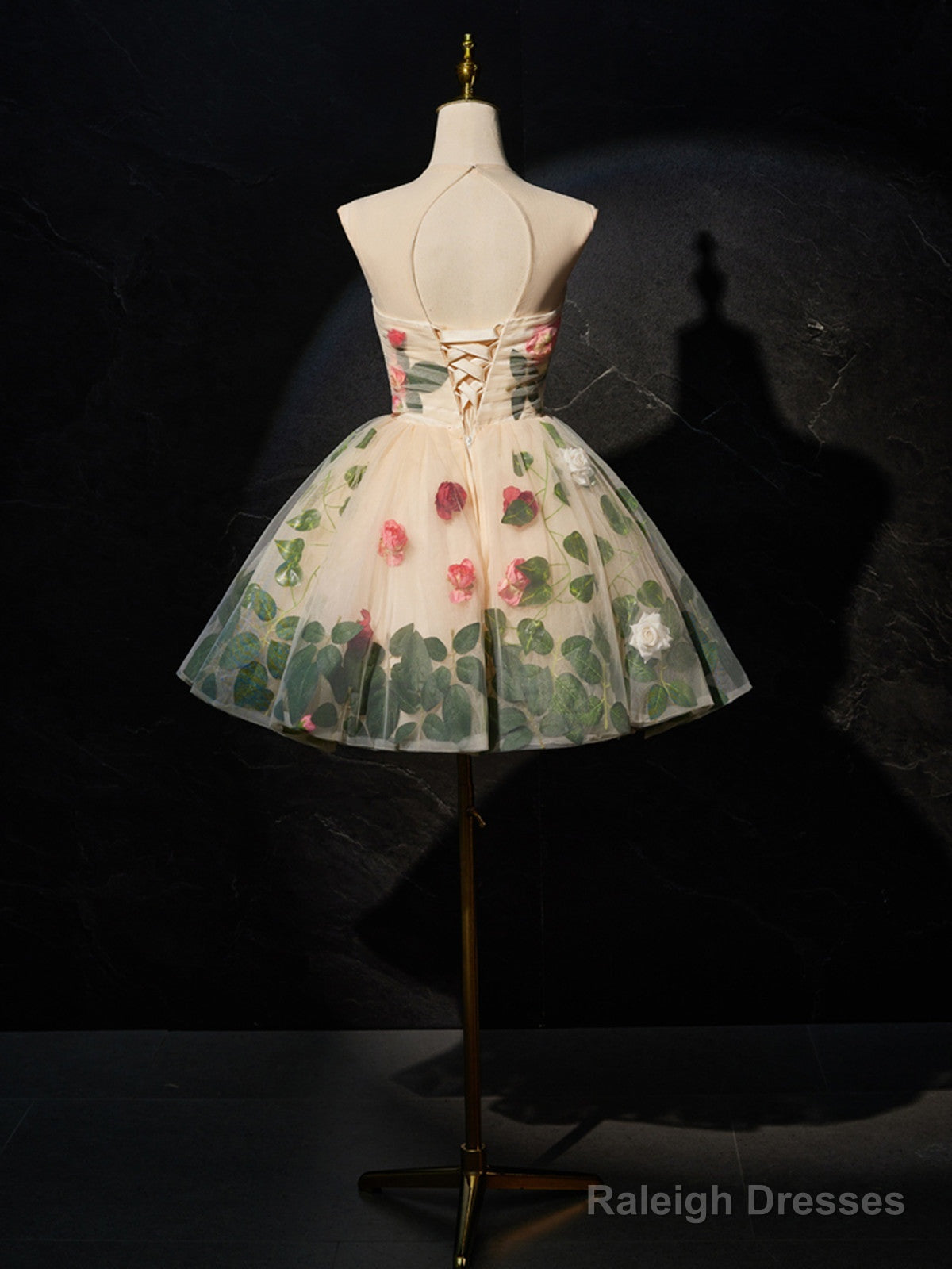 Cute Flowers Round Neckline Light Champagne Party Dress, Short Cute Prom Dress