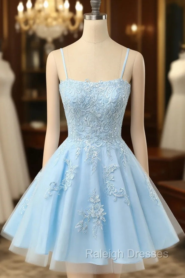 Cute Glitter Blue Homecoming Dresses A Line Sequins Short Prom Dresses with Appliques