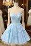 Cute Glitter Blue Homecoming Dresses A Line Sequins Short Prom Dresses with Appliques