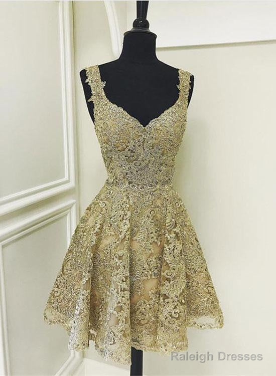 Cute Gold Lace V Neck Short Prom Dresses Homecoming Dresses Main image