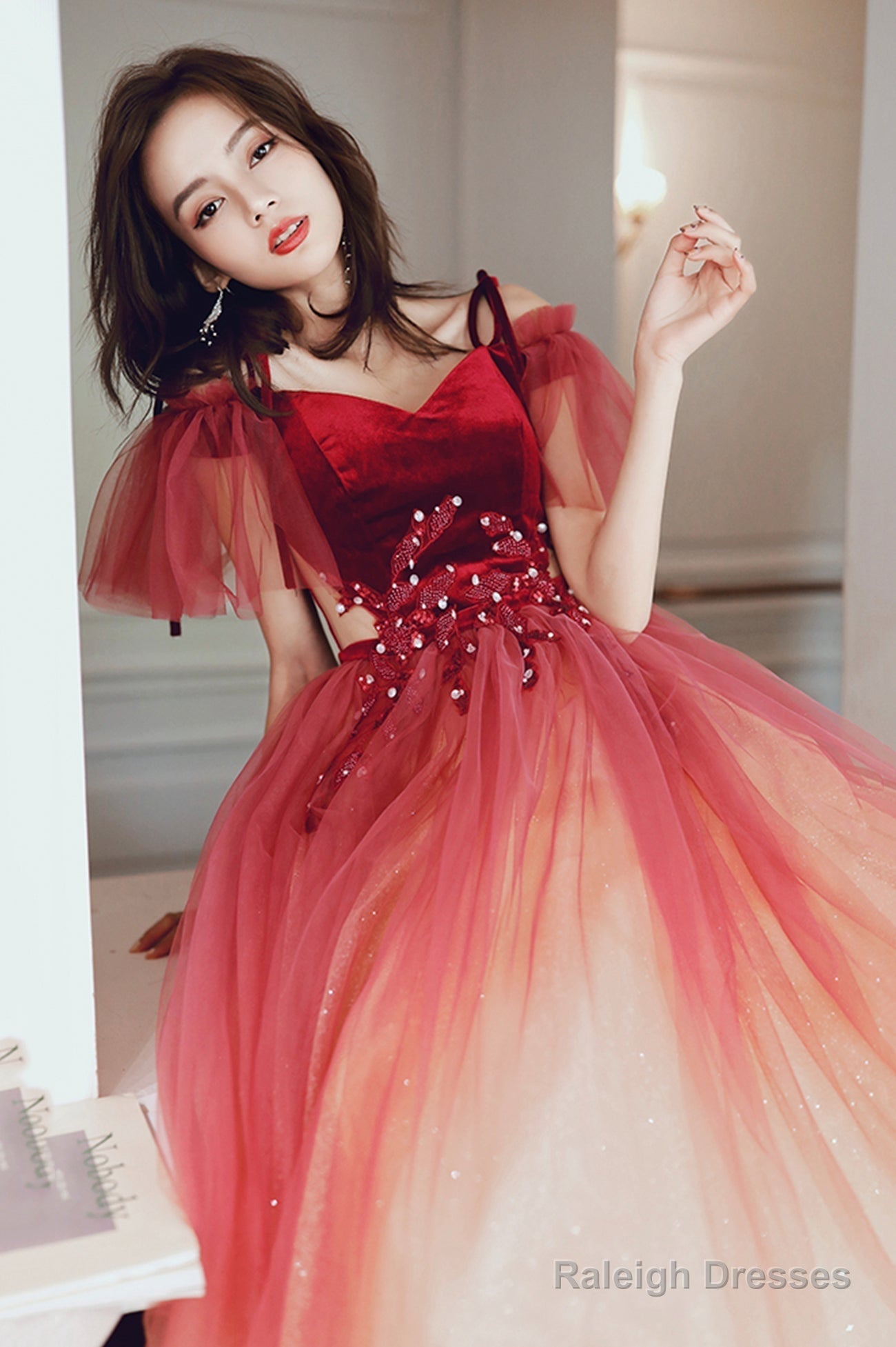 Cute Gradient Tulle Long A-Line Prom Dress, Burgundy Off The Shoulder Evening Dress