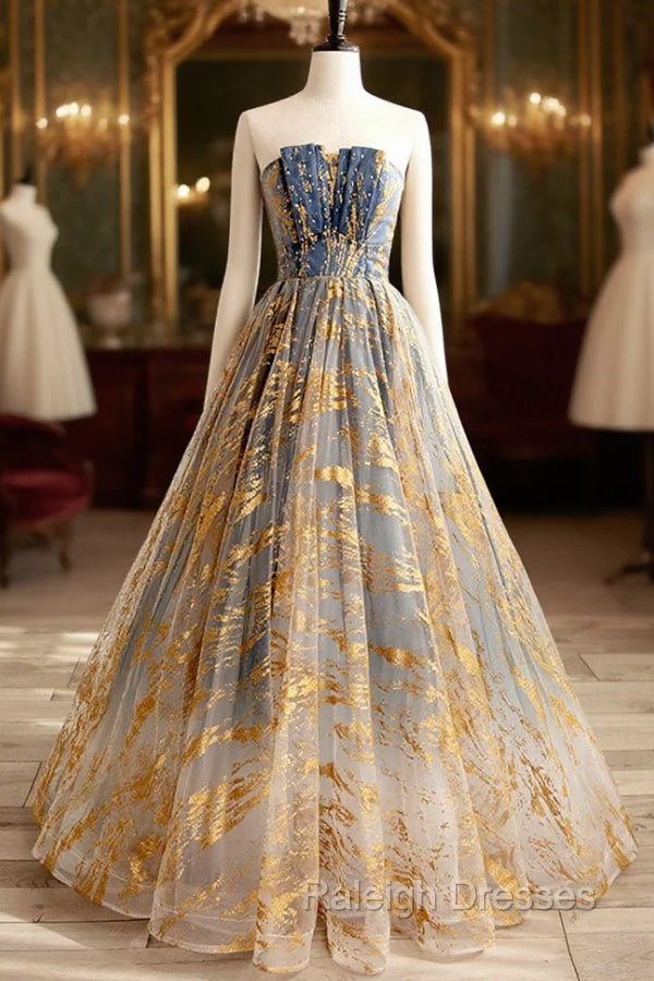 Cute Gradient Tulle Long Formal Dress, A Line Strapless Prom Dress Main image