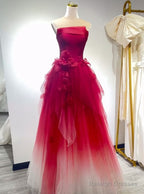Cute Gradient Tulle Strapless A-Line Long Wedding Dresses Prom Ball Gowns