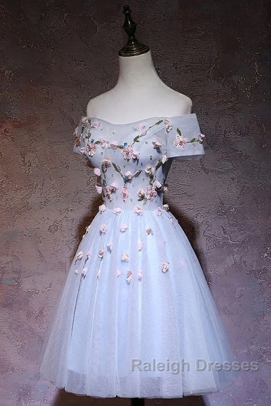 Cute Gray Blue Tulle Short Prom Dresses Off The Shoulder Homecoming Dresses Secondary image