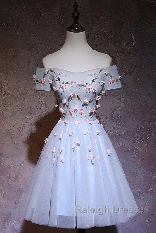 Cute Gray Blue Tulle Short Prom Dresses Off The Shoulder Homecoming Dresses