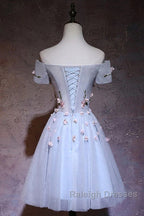 Cute Gray Blue Tulle Short Prom Dress, Off The Shoulder Homecoming Dress