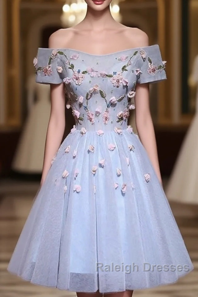 Cute Gray Blue Tulle Short Prom Dresses Off The Shoulder Homecoming Dresses