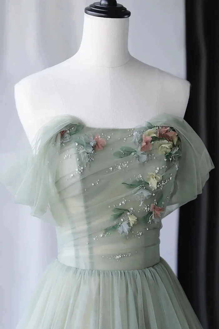 Cute Gray Green Tulle Long Prom Dress