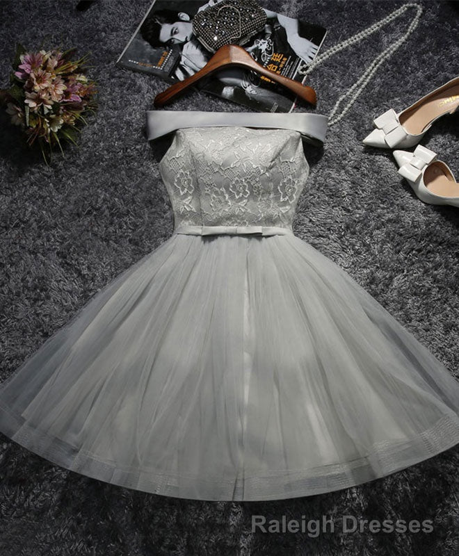 Cute Gray Lace Tulle Short Prom Dress, Gray Homecoming Dress Main image
