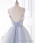 Cute Gray Round Neck Lace Tulle Short Prom Dress, Homecoming Dress