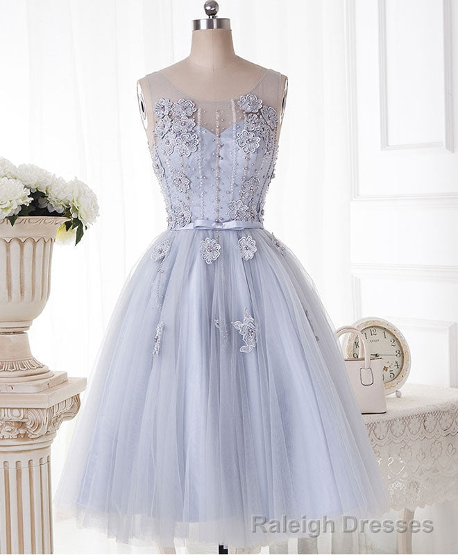 Cute Gray Round Neck  Lace Tulle Short Prom Dress, Homecoming Dress