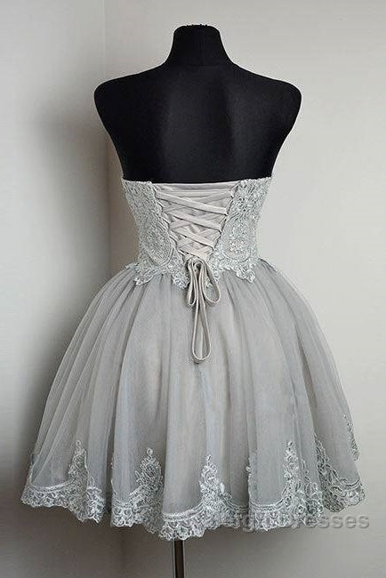 Cute Gray Tulle Lace Short Prom Dresses Gray Homecoming Dresses