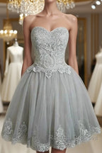 Cute Gray Tulle Lace Short Prom Dress, Gray Homecoming Dress