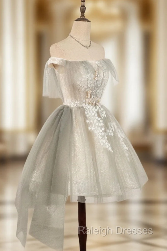 Cute Gray Tulle Lace Short Prom Dress, Gray Tulle Puffy Homecoming Dress Main image