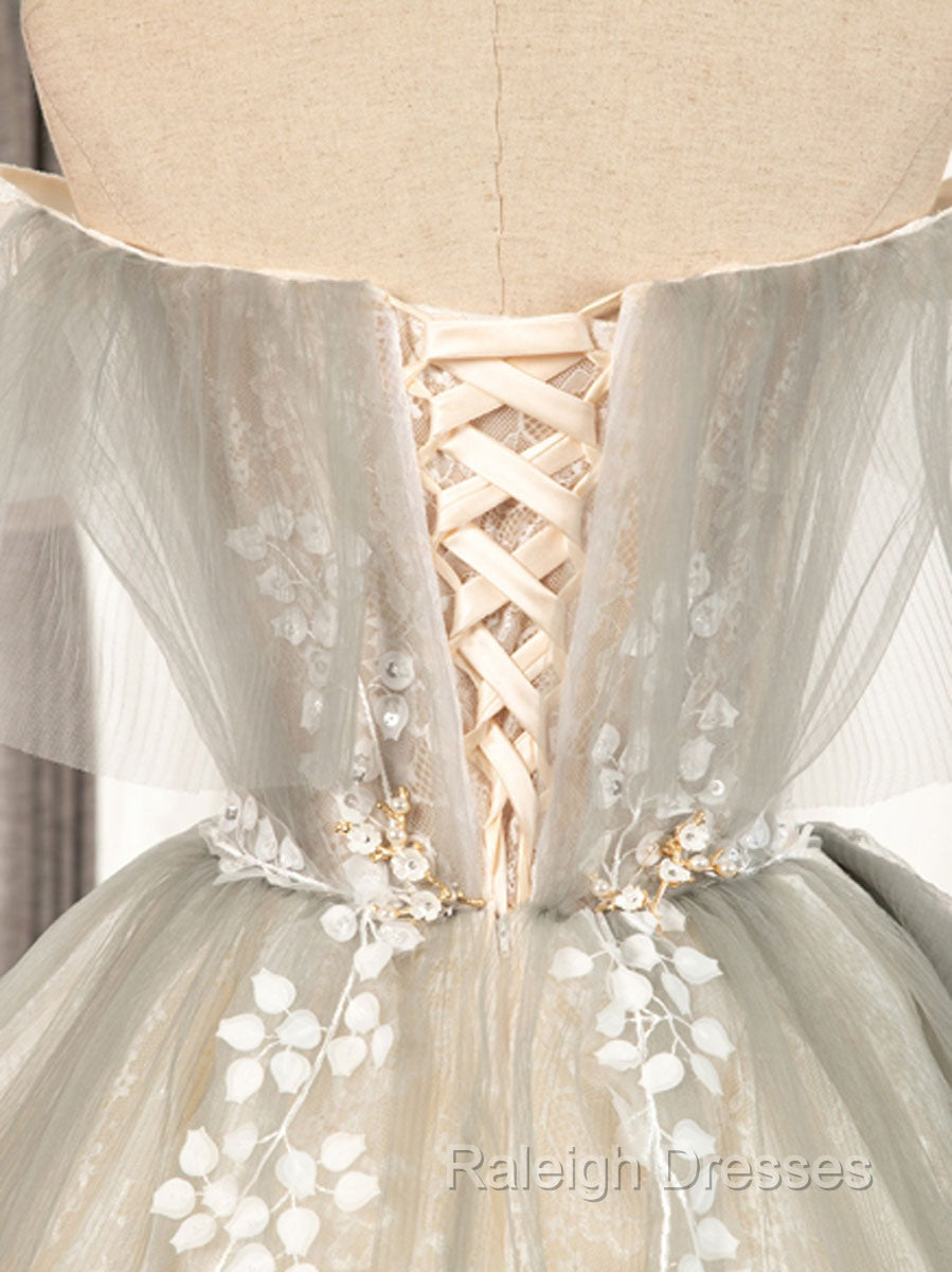 Cute Gray Tulle Lace Short Prom Dress, Gray Tulle Puffy Homecoming Dress