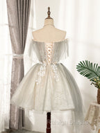 Cute Gray Tulle Lace Short Prom Dress, Gray Tulle Puffy Homecoming Dress