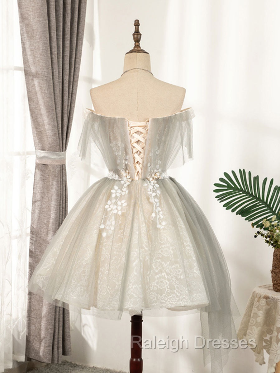 Cute Gray Tulle Lace Short Prom Dresses Gray Tulle Puffy Homecoming Dresses