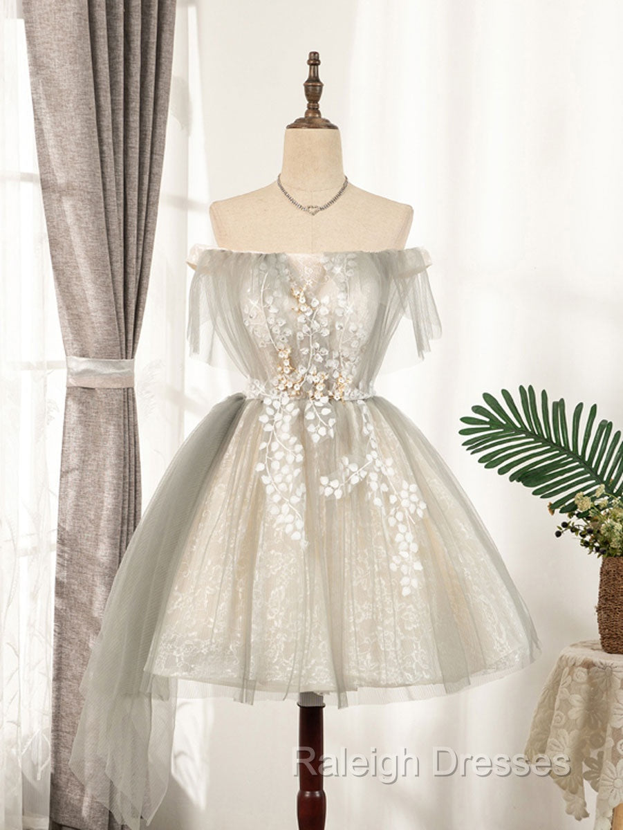 Cute Gray Tulle Lace Short Prom Dresses Gray Tulle Puffy Homecoming Dresses