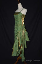 Cute Green Straps High Low Satin Chic Party Dress, Green Prom Dress Evening Dress