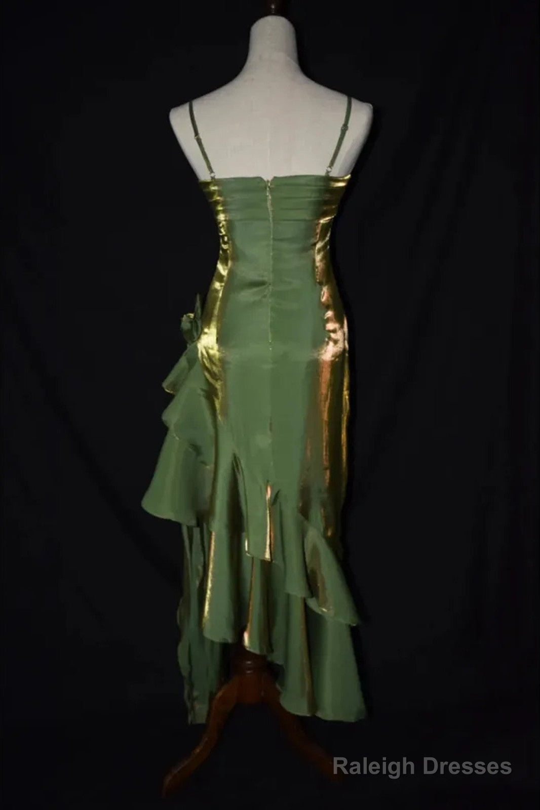 Cute Green Straps High Low Satin Chic Party Dress, Green Prom Dress Evening Dress