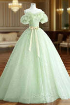 Cute Green Tulle Ball Gown Sweetheart Party Dress, Green Shiny Tulle Prom Dress