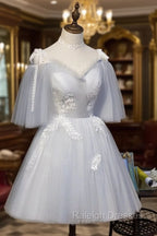 Cute Grey Tulle Straps Short Homecoming Dress Grey Prom Dress, Tulle Bridesmaid Dresses