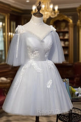 Cute Grey Tulle Straps Short Homecoming Dress Grey Party Dress, Tulle Bridesmaid Dresses