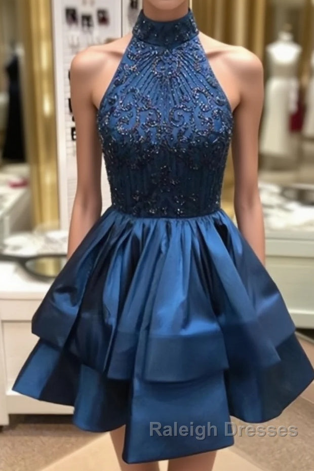 Cute High-Neck Sequin Beaded Short Blue Prom Dress Blue Homecoming Dress