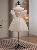 Cute Ivory Beaded Off Shoulder Short Prom Dresses Tulle Graduation Dresses Prom Dresses