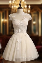 Cute Ivory Tulle Cap Sleeves Cute Homecoming Dress Graduation Dress, Short Prom Dress