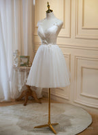 Cute Ivory Tulle V-Neckline Short Prom Dresses A-Line Graduation Dresses Prom Dresses