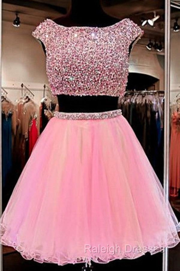 Cute Jewel Two Pieces Beading Pink Homecoming Dress