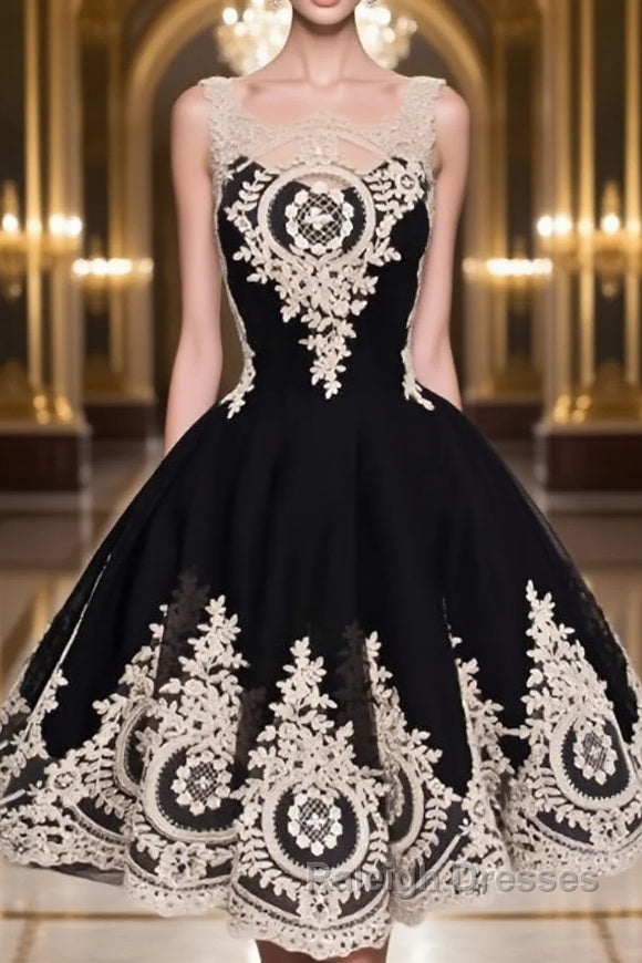 Cute Lace Applique Black Short Prom Dresses, Lace Applique Homecoming Dresses