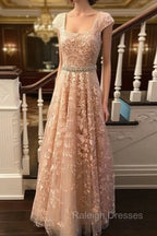 Cute Lace Champagne Prom Dress, Lace Evening Dress