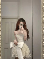 Cute Lace Pearl Bow Strapless A-Line Mini 17Th Birthday Homecoming Dress