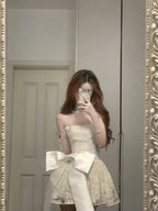 Cute Lace Pearl Bow Strapless A-Line Mini 17Th Birthday Homecoming Dress