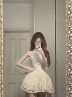 Cute Lace Pearl Bow Strapless A-Line Mini 17Th Birthday Homecoming Dress