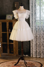 Cute Lace Short A-Line Prom Dress, Champagne Mini Homecoming Party Dress