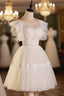 Cute Lace Short A Line Prom Dress, Champagne Mini Homecoming Prom Dress