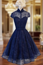 Cute Lace Short Cap Sleeves Homecoming Dress, Red Short Party Dresses